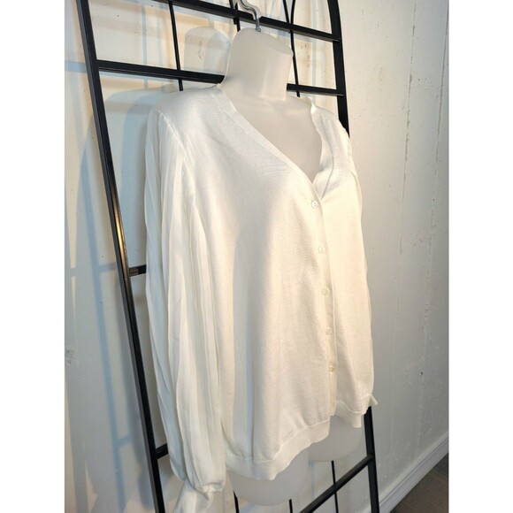 Adrianna Papell White Designer Cardigan Sweater Sheer Pleated Balloon Sleeves XL - Picture 1 of 7